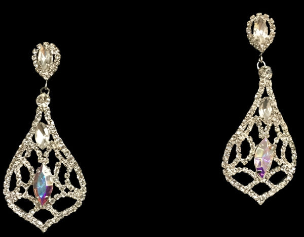 Crystal Rhinestone Silver Large Drop Earring with AB Center