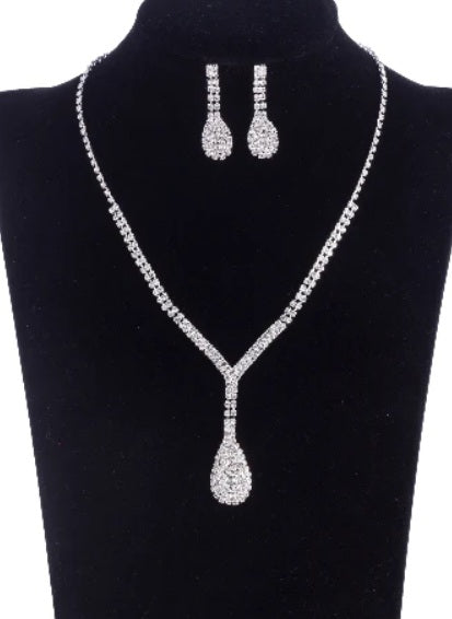 Crystal Rhinestone Drop Silver Necklace and Earring Set