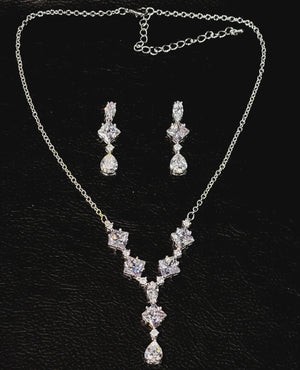 Square Drop Cubic Zirconia Silver Necklace & Earring Set