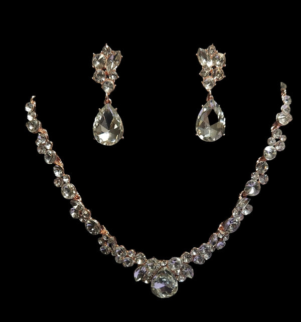 Crystal Cluster Rhinestone Rosegold Necklace and Earring Set