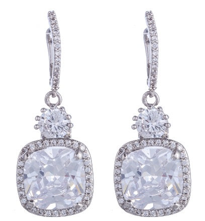 Cubic Zirconia Square Drop Silver Earrings