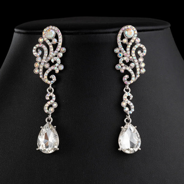 Silver Plated AB Filigree Cluster Teardrop Earrings