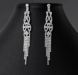 Rhinestone Macramé Long Silver Earrings Cristal D'Or 