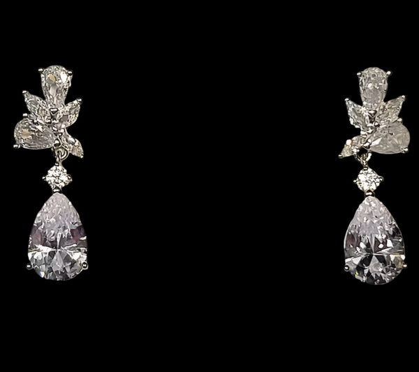 Cubic Zirconia Cluster Drop Silver Earrings