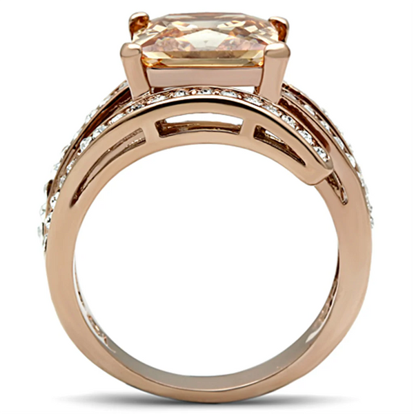Ion Plated Rose Gold Champagne Cubic Zirconia Ring Fashion Jewelry 