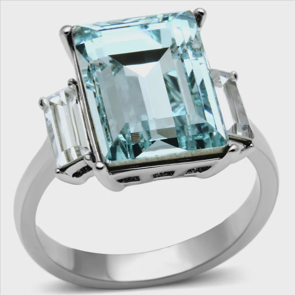 Sea Blue Crystal Cocktail Stainless Steel Ring Fashion Jewelry 