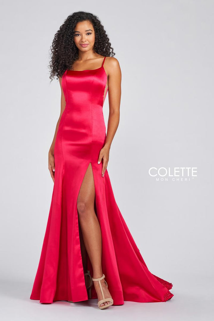 Colette 12274 Lipstick Pink Satin Sheath Dress with Slit and Embellished Train - Size 8