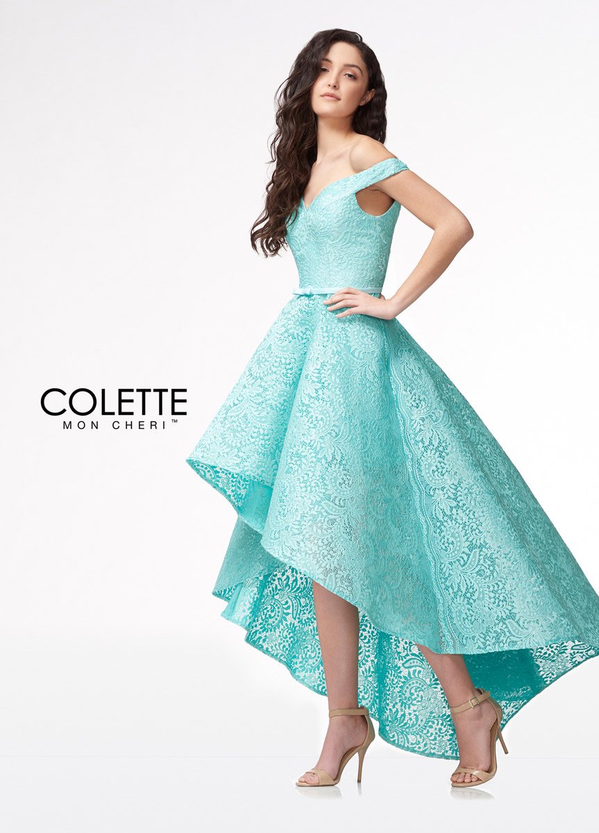 Colette CL18274 Aqua Lace Hi-Low Dress Colette CL18274 Aqua Lace Hi-Low Dress