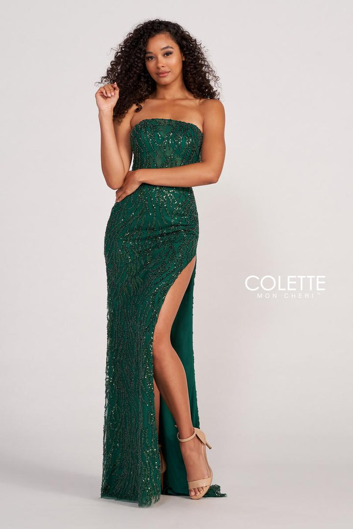 Colette 2082 Hunter Green Strapless Corset Style Dress with High Slit - Size 10