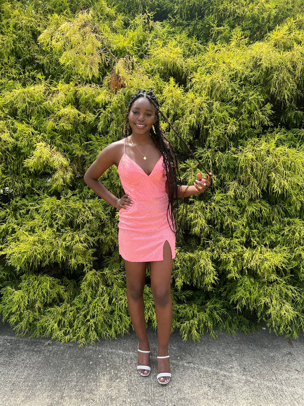 CLARISSE 30202 Coral Sequin Mini Dress
