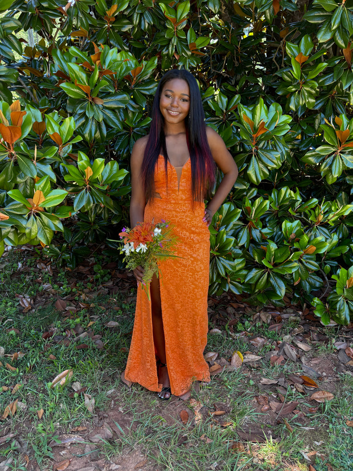 CLARISSE 810627 Neon Orange Sequin Sheath Dress with Slit