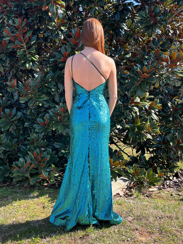 CLARISSE 810421 Peacock Teal One Shoulder Sequin Dress with Slit