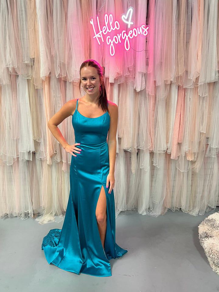 Colette 12274 Turquoise Satin Sheath Dress with Slit and Embellished Train - Size 8