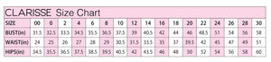Clarisse Prom Dresses size chart with Bust, Waist and Hip measurements in Inches.