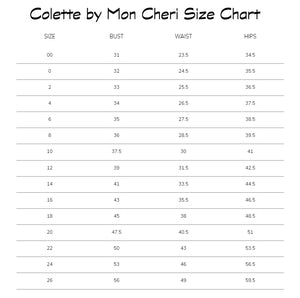 Colette by Mon Cheri size chart with bust, waist, and hips measurements.