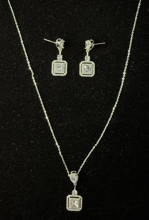 Cubic Zirconia Square Drop Pendant Silver Necklace and Earring Set 111323 For You Fashion Jewelry 