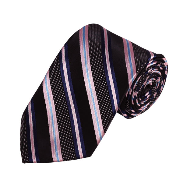 Pink, Navy Blue on Black Woven Stripe Tie