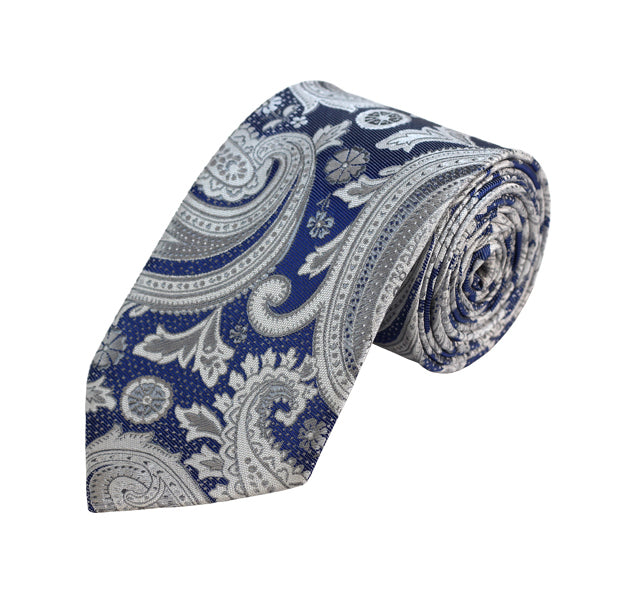 Silver, White and Blue Paisley Woven Tie