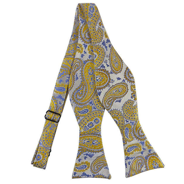Golden Yellow and Steel Blue Paisley Self Tie BowTie