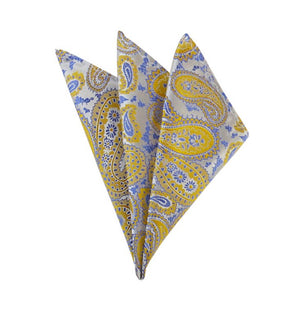 Steel Blue, Platinum, Golden Yellow Paisley Self Tie Bow Tie and Pocket Square Manzini Neckwear 