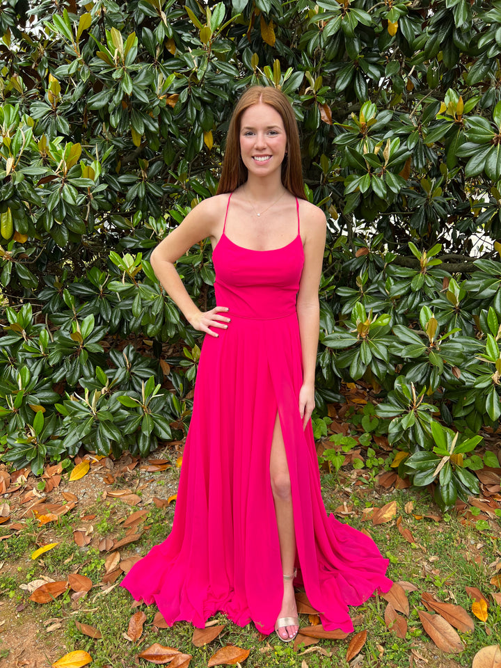 Renee | Plunging V-Neck Fuchsia Bow Straps Ruffle Ball Gown | KissProm
