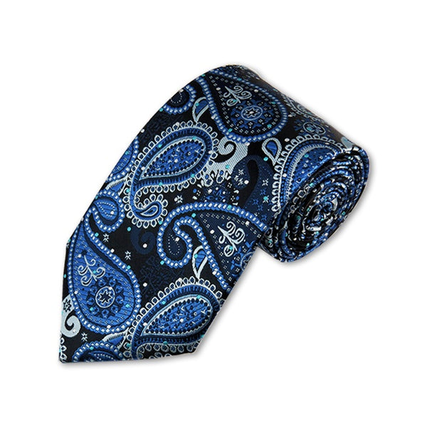 Steel Blue, Light Blue and Black Woven Paisley Tie