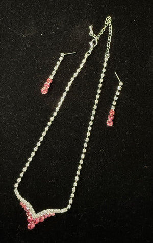 Dainty Fuchsia Pink Round Stone V Shape Necklace and Earring Set 24736 Fashion Jewelry 