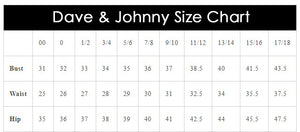 Dave & Johnny size chart for bust, waist, and hip measurements.