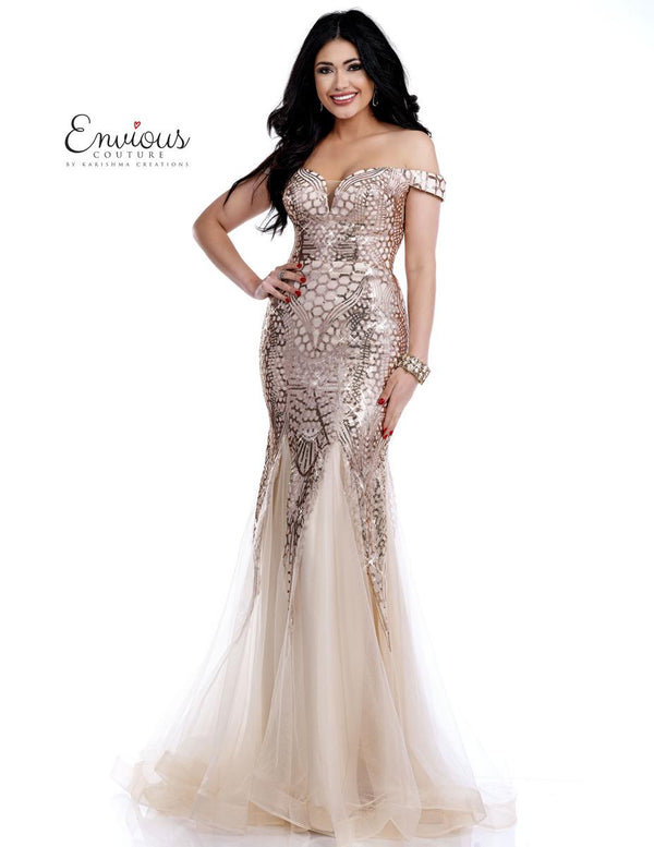 ENVIOUS Couture 1702 Champagne Sequin Mermaid Dress Envious Couture 