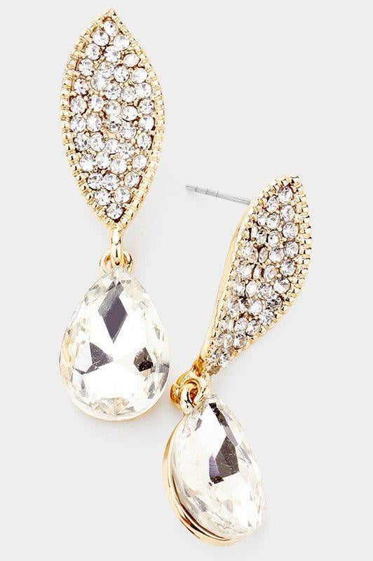 Rhinestone Leaf Drop Gold Earrings