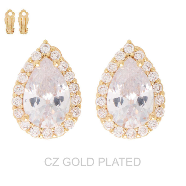 Cubic Zirconia Teardrop Halo Gold Clip-on Stud Earrings
