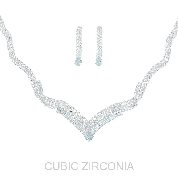 Cubic Zirconia Scallop Curve V-Shape Necklace and Earring Set