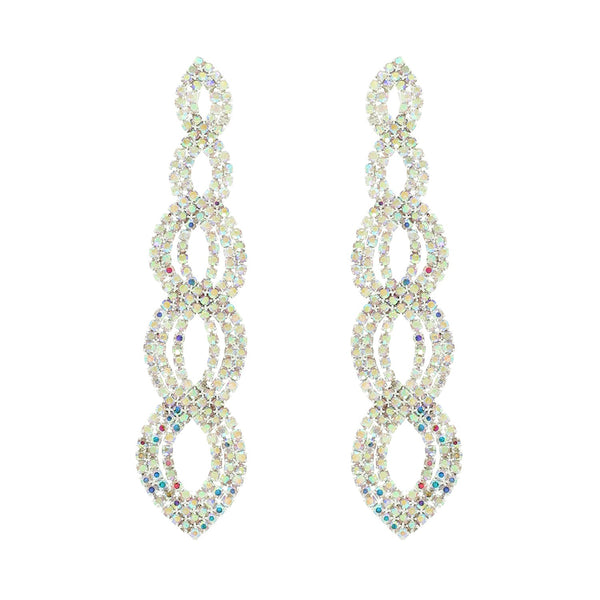 Oblong Drop Iridescent AB Rhinestone Pave Silver Earrings