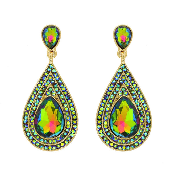 Green Iridescent AB Teardrop Gemstone Gold Earrings