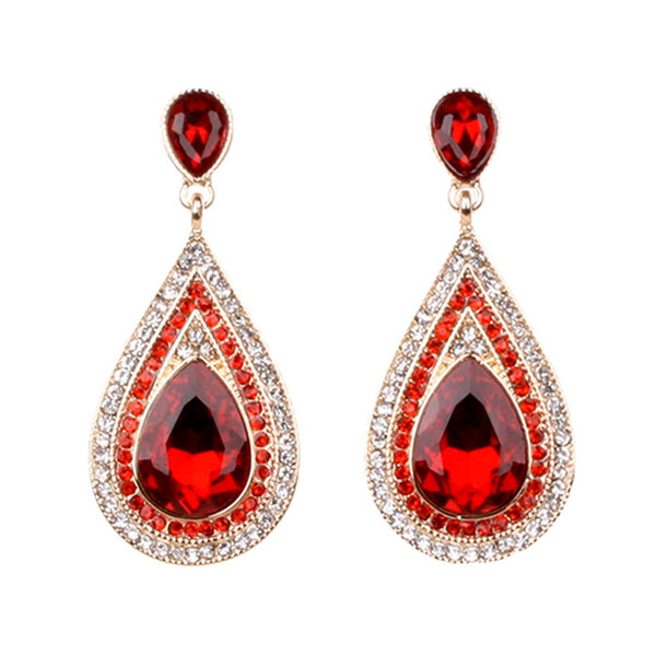 Red Teardrop Gemstone Gold Earrings