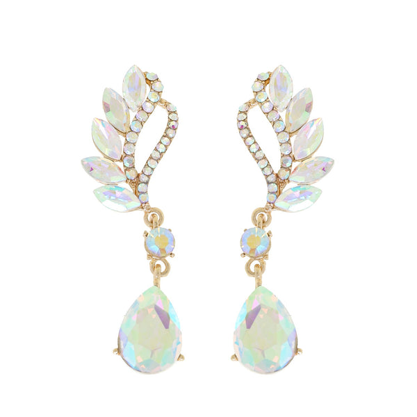 Iridescent AB Crystal Rhinestone Marquise Cut Wing Gold Earrings
