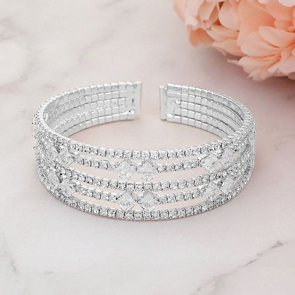 Square Cut Cubic Zirconia Stone Accented Cuff Bracelet