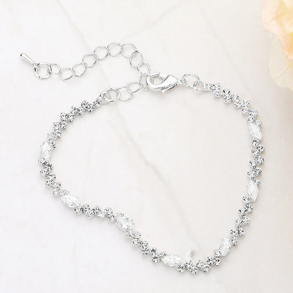 Marquise Cut Cubic Zirconia Stone Cluster Link Silver Bracelet