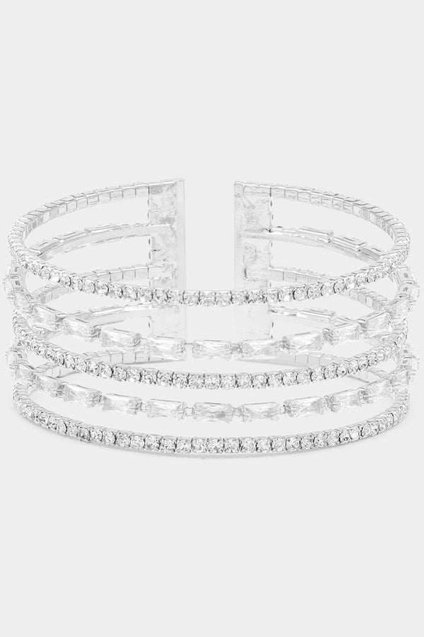 Cubic Zirconia Baguette Stone Accented Silver Split Cuff Bracelet