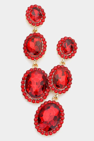 Red Triple Oval Drop Gold Earrings