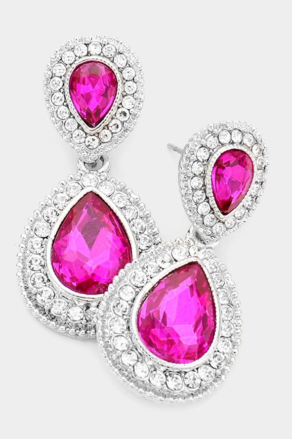 Teardrop Crystal Rhinestone Pave Evening Earrings - Fuchsia, Montana, Hematite