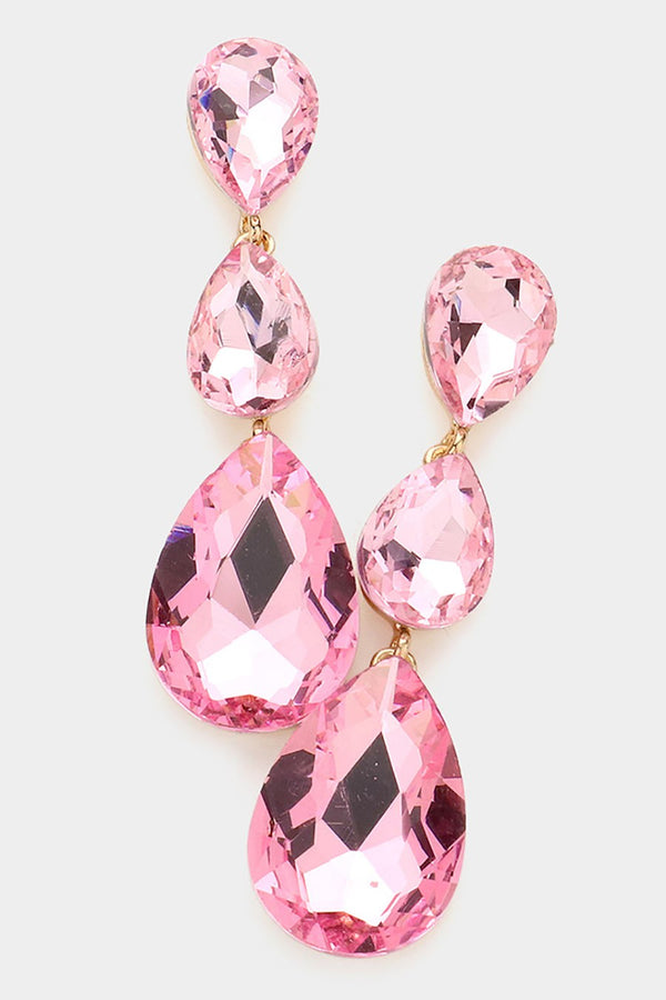 Triple Glass Crystal Teardrop Earrings - Fuchsia, Aqua, Violet, Light Pink or Gunmetal