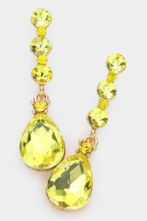 Pair of yellow teardrop earrings with gold accents on a white background