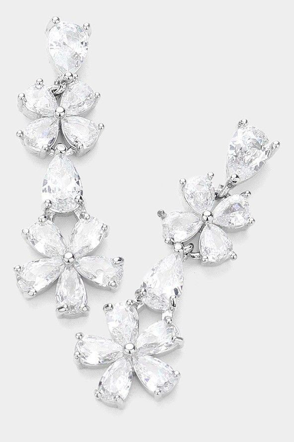 Flower Cubic Zirconia Stone Pointed Link Dangle Silver Earring