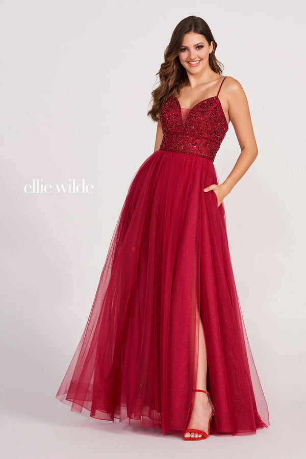 Ellie Wilde 122066 Wine A-Line Dress with Slit