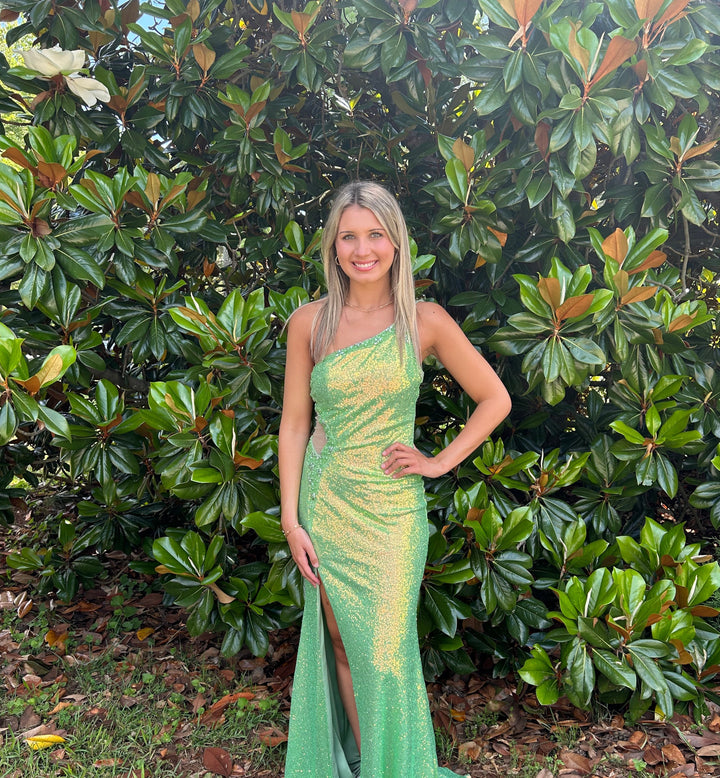 Ellie Wilde 34022 Lime Green Sequin One Shoulder Dress with Slit