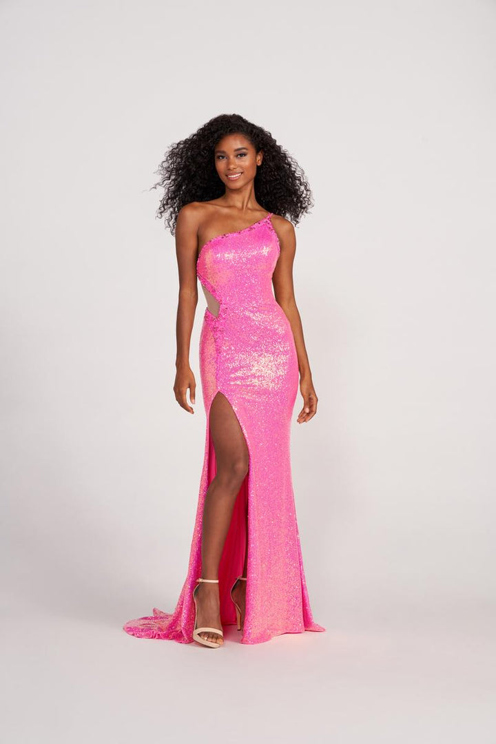 Ellie Wilde 34022 Hot Pink Sequin One Shoulder Dress with Slit
