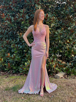 Ellie Wilde 34087 Pink Sequin Dress with Slit
