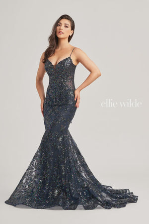 Ellie Wilde EW35013 Midnight Sequin Tulle Trumpet Dress Ellie Wilde 