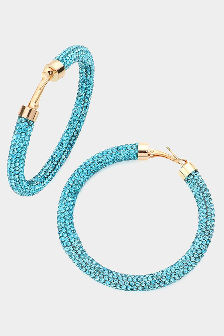 Rhinestone Pave Hoop Earrings - Royal Blue, Fuchsia Pink, Aqua